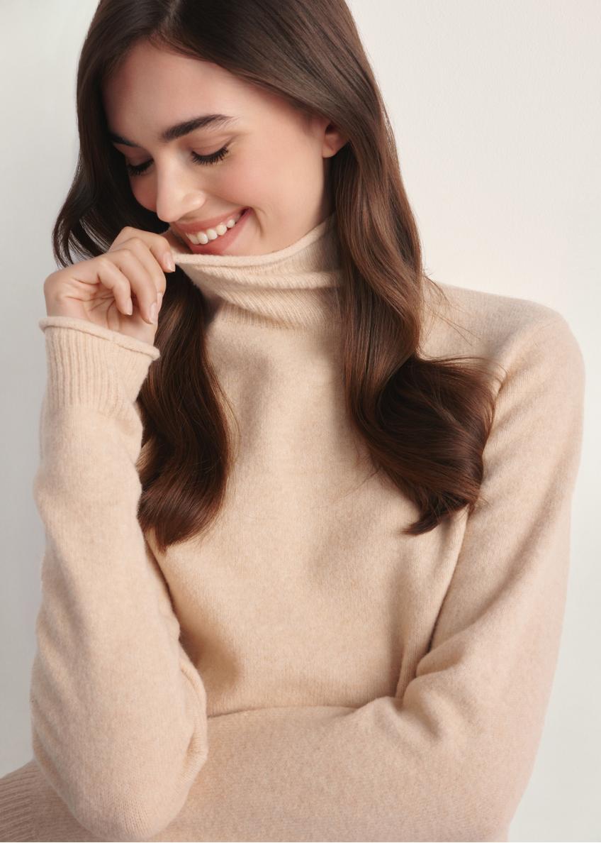 Beige women's turtleneck sweater SWEDT-0241-80(Z25), close-up of the product on the model.