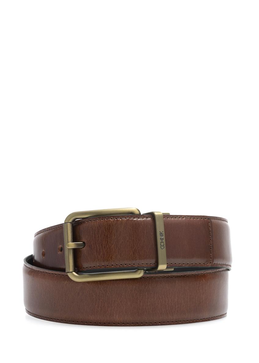 Men's brown leather belt PASMS-0262-90(W25), product view from the front on white background.