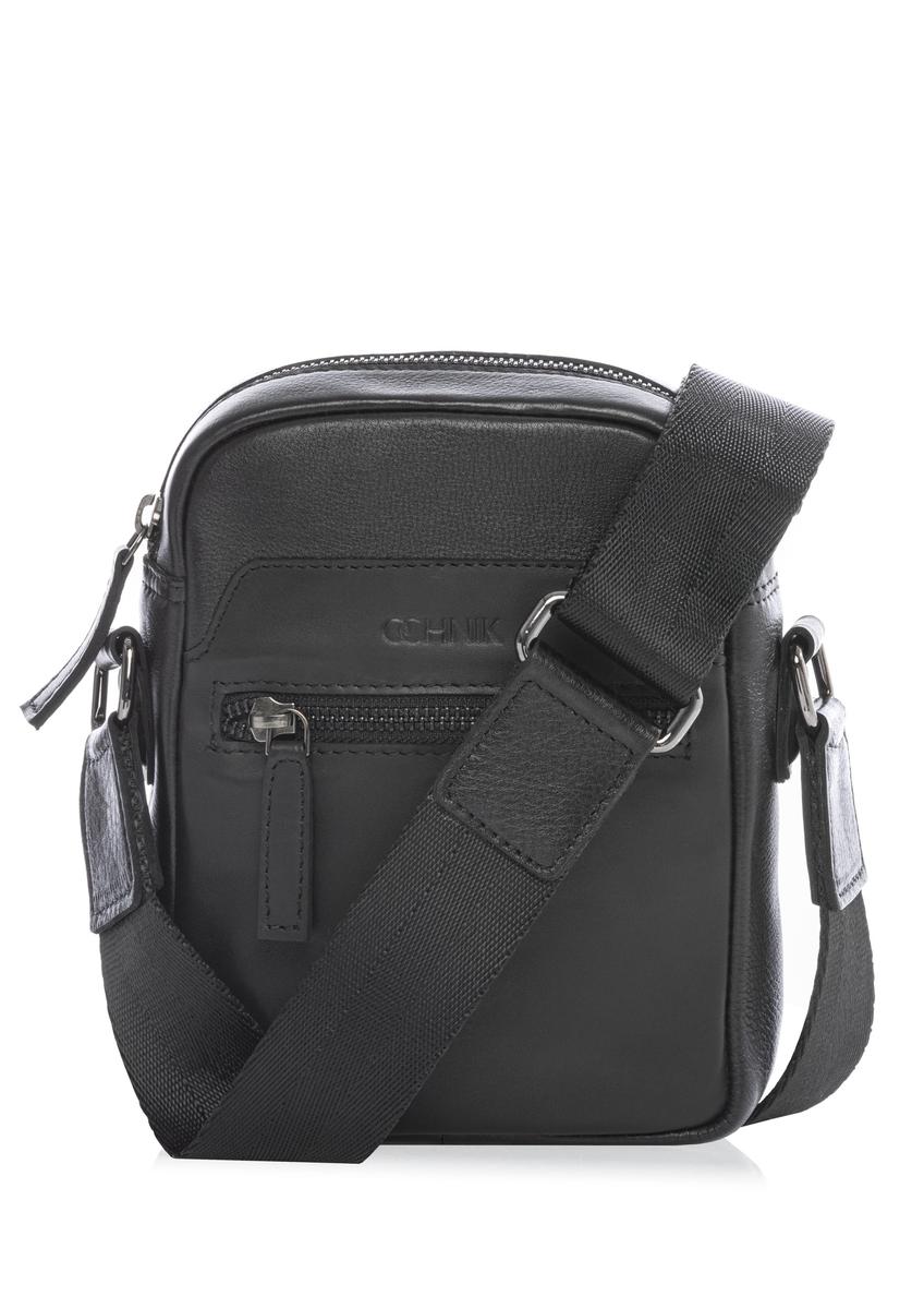 Black small leather men's bag TORMS-0498-99(W26) - front product view, on white background.