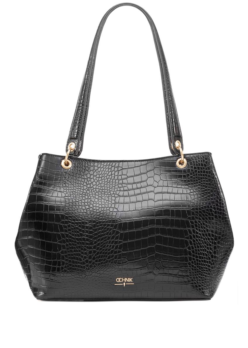 Large black croco women's handbag TOREC-1056-97(Z25), front product view on white background.