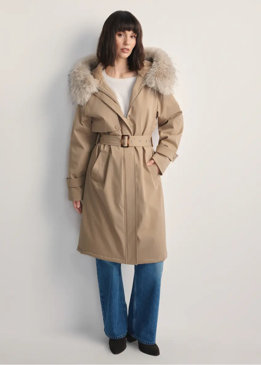 Beige women's winter jacket KURDT-0613-81(Z25) - front product view, model against white background. Full body visible.
