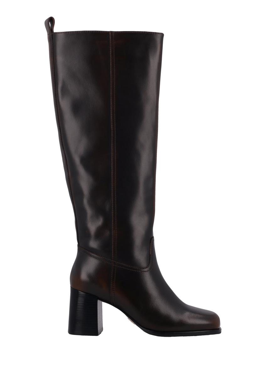 Dark brown leather women's boots with a block heel BUTYD-1335-1I(Z26), side view of the product on a white background.
