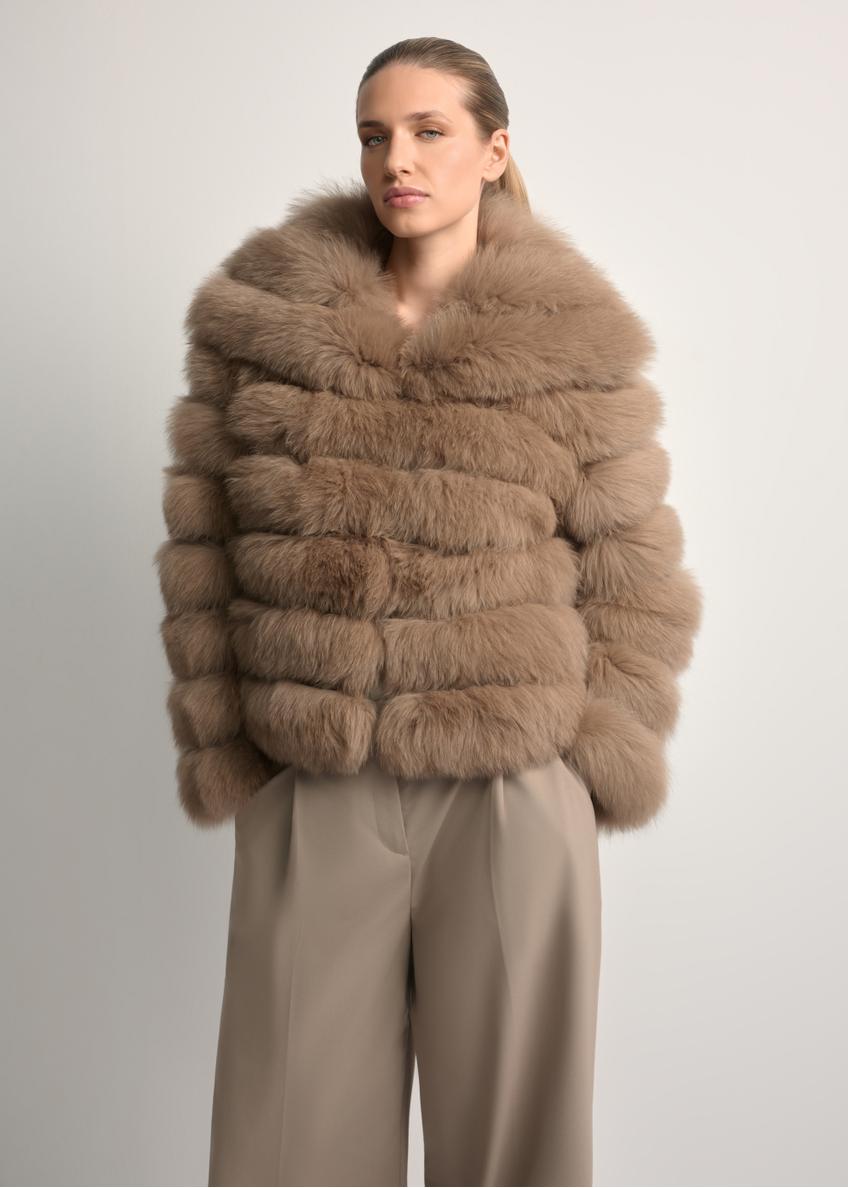 Women's beige fur coat with collar FUTDF-0100-1343(Z25) - front product view on white background. Knee-length silhouette visible.