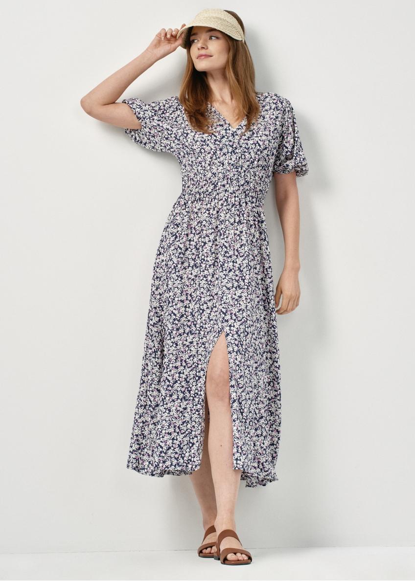 Long navy blue summer dress with flowers SUKDT-0191-17(W24)-01