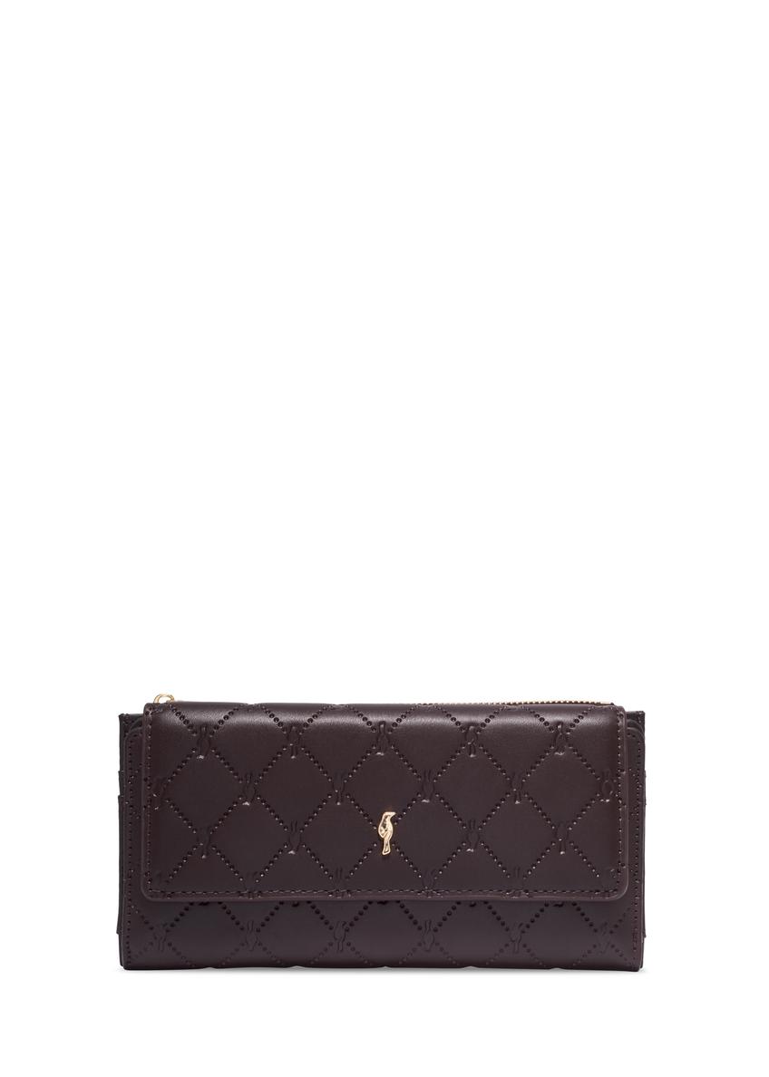 Large brown women's wallet with monogram POREC-0347A-1I(Z26), front product view on white background.