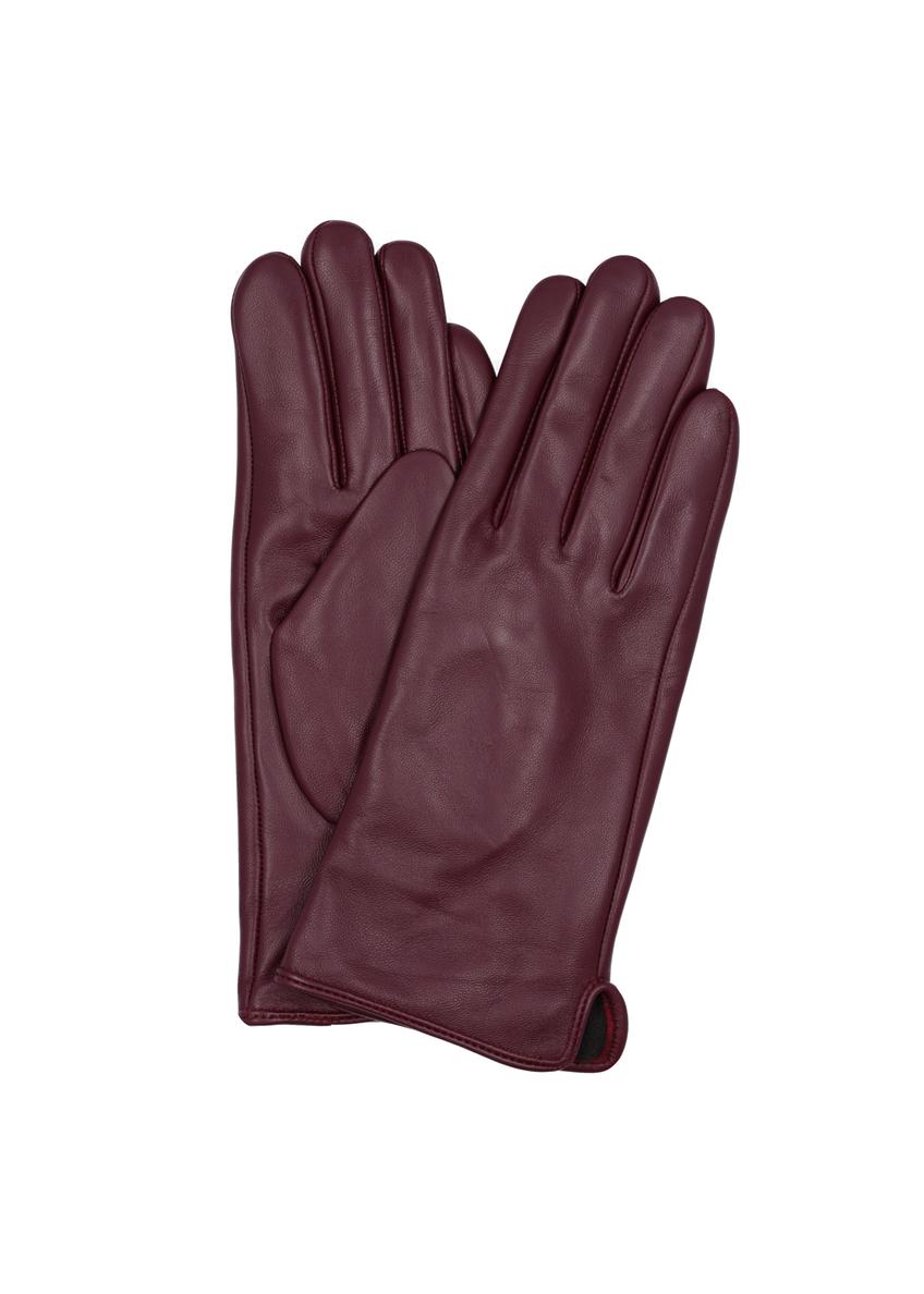 Women's burgundy leather gloves REKDS-0001A-4D(Z26), product view from the front and back on a white background.