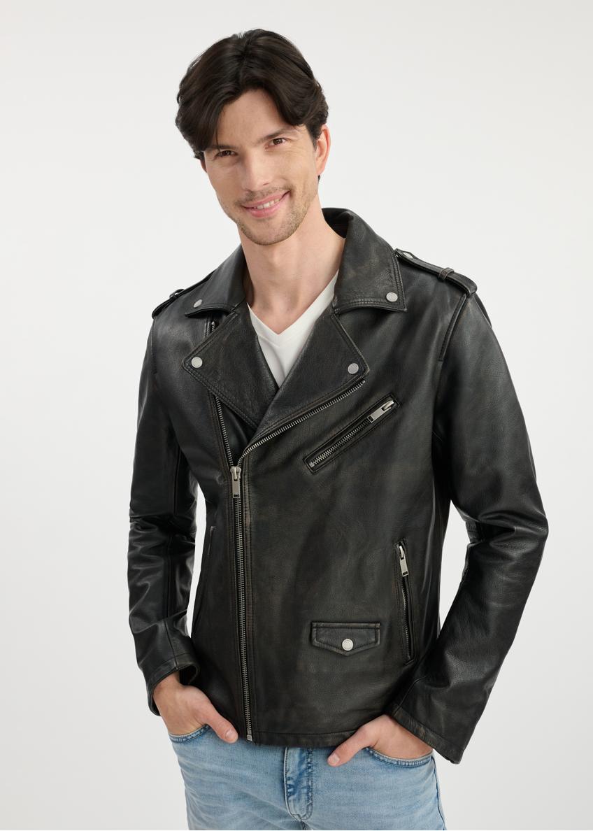 Men's vintage leather jacket KURMS-0370-1316(W25) - front view on a model on a white background. Half of the silhouette visible.