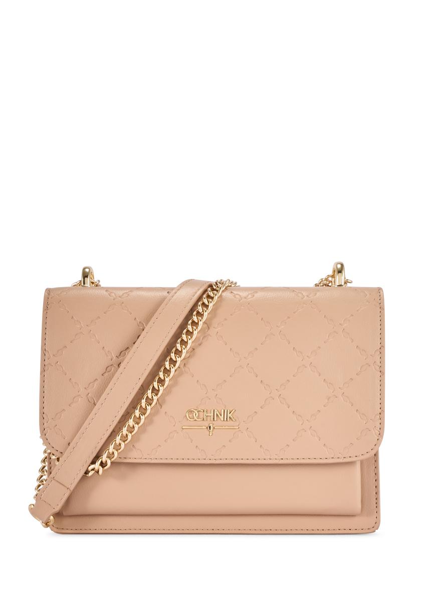 Beige women's handbag with monogram TOREC-1155-1A(W26), front product view on white background.