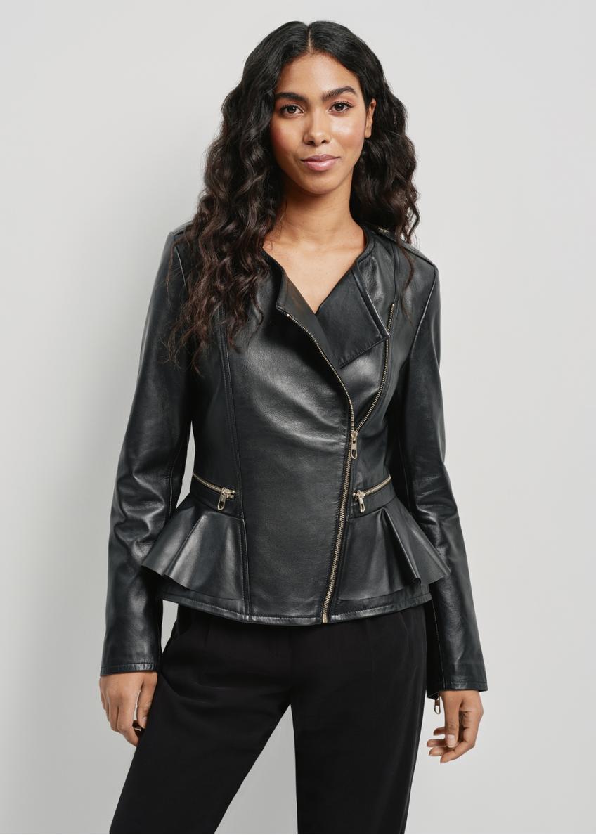 Black leather jacket with basque for women KURDS-0474-1040(W24)