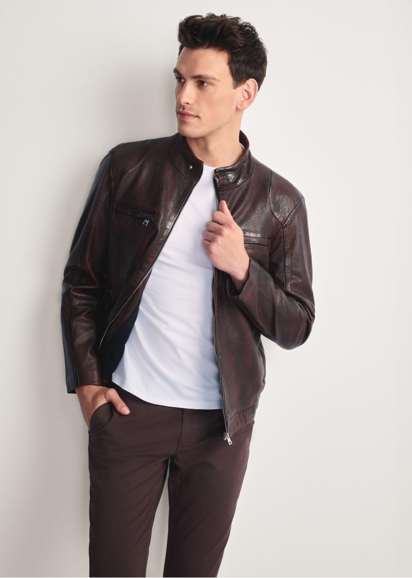 Brown men's leather jacket KURMS-0384-3340(Z25), product view from the front on the model, half of the silhouette visible.