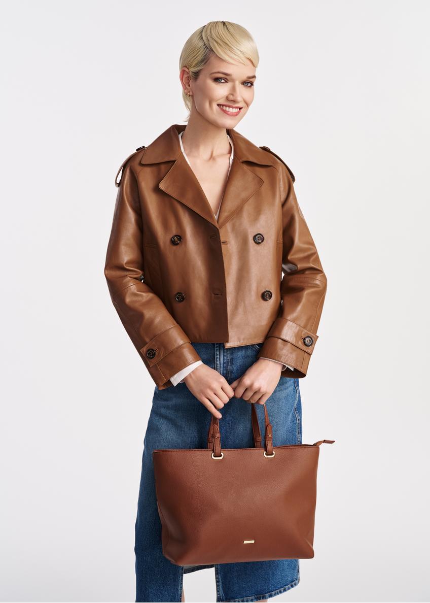 Short women's leather jacket in camel color KURDS-0540-2680(W25)