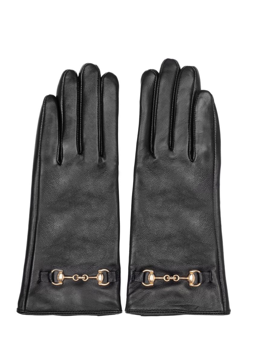 Women's black leather gloves with buckle REKDS-0087-99(Z24)