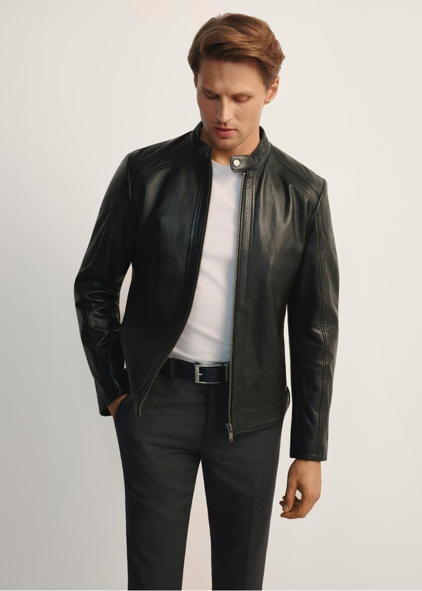 Men's black leather jacket with stand-up collar KURMS-0315-5427(Z25), product view from the front on a white background.