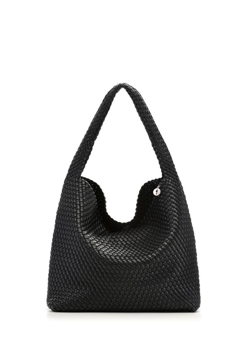 Black woven shopper bag TOREC-1148-99(W26) - front product view, on white background.
