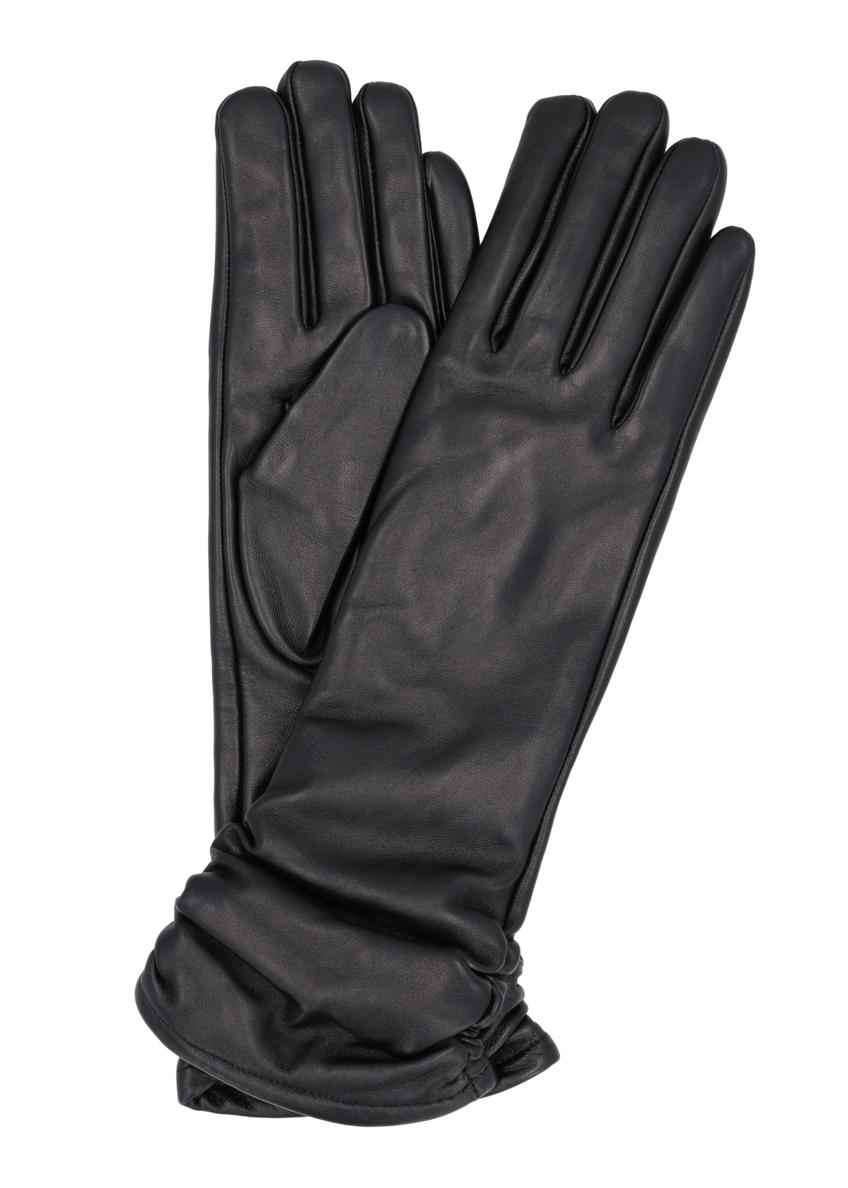 Women's black leather gloves with ruffles REKDS-0102-99(Z26), product view from above on white background.