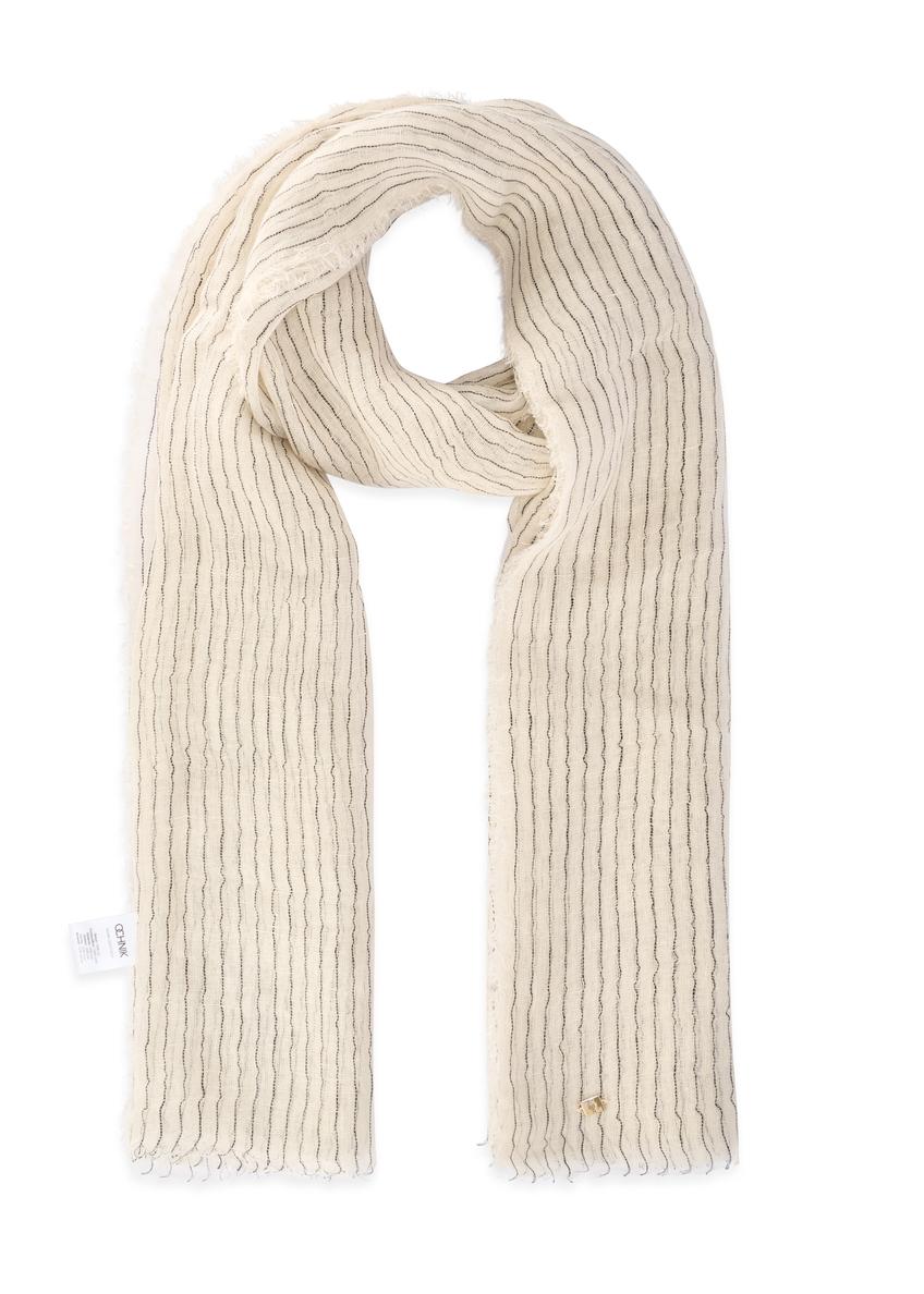 Beige women's striped scarf SZADT-0216-1A(W26), front product view on white background.