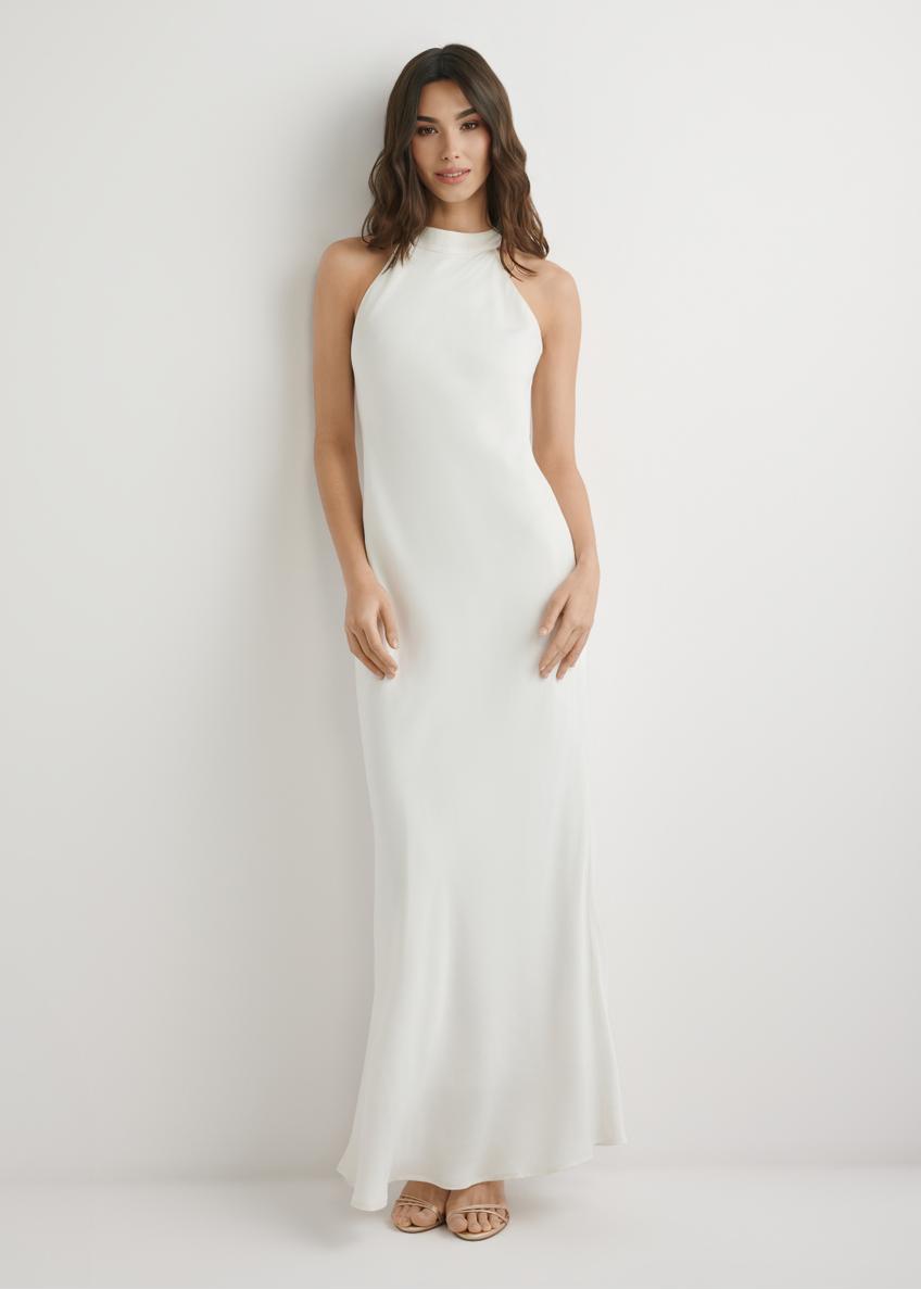 Ecru viscose dress SUKDT-0264-0B(W26), front view of the product on the model. Full silhouette visible.