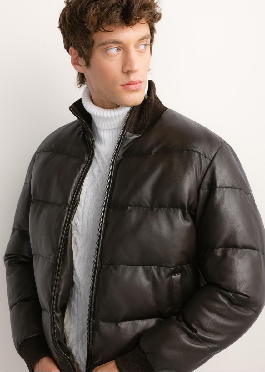 Men's dark brown leather jacket with stand-up collar KURMS-0428-1I(Z26)