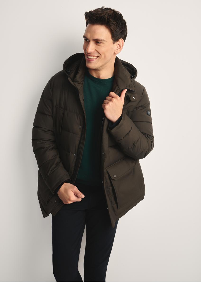 Men's olive winter jacket KURMT-0379-57(Z25) - front product view on model on white background. Knee-length silhouette visible.