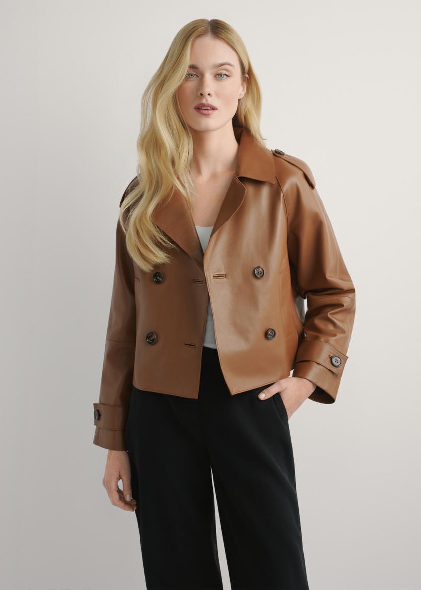 Women's oversized short leather jacket in camel color KURDS-0540-1D(W26), front view of the product on the model. Half of the silhouette visible.