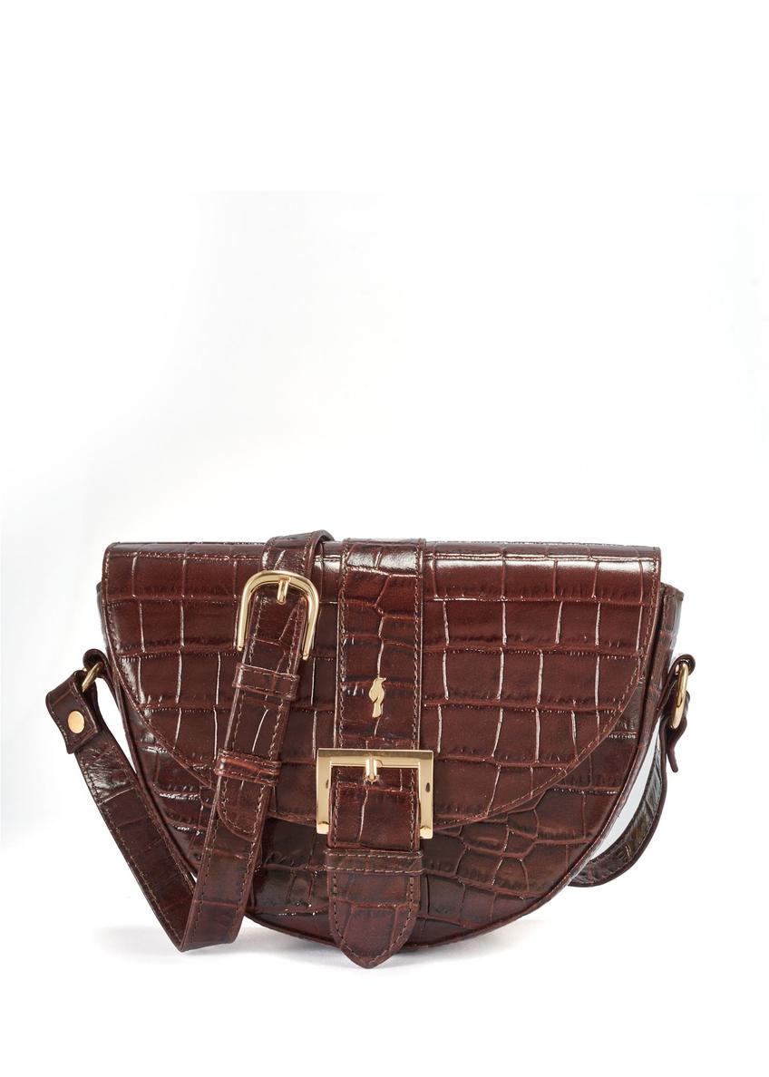 Brown croco leather handbag TORES-0707F-1H(W26), front product view on white background.