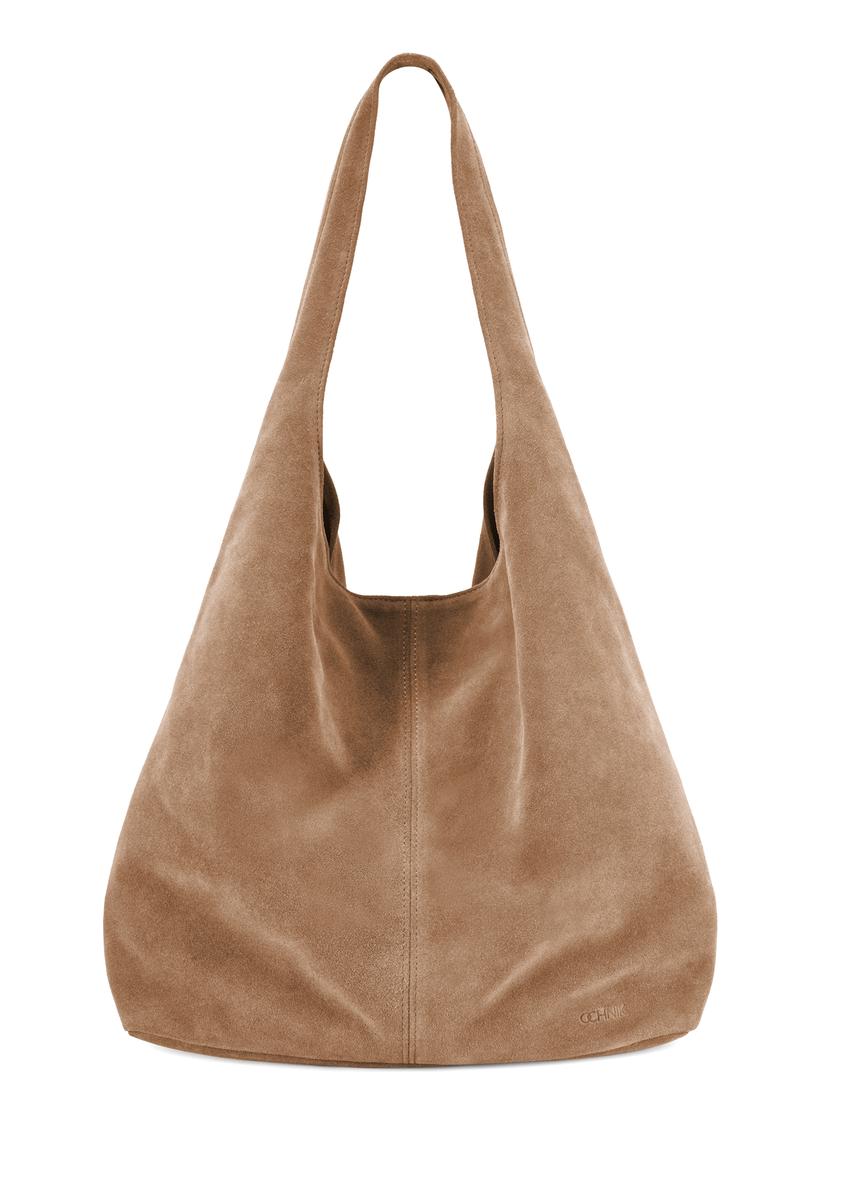 Beige suede women's shopper bag TORES-1177-1B(W26), front product view on white background.