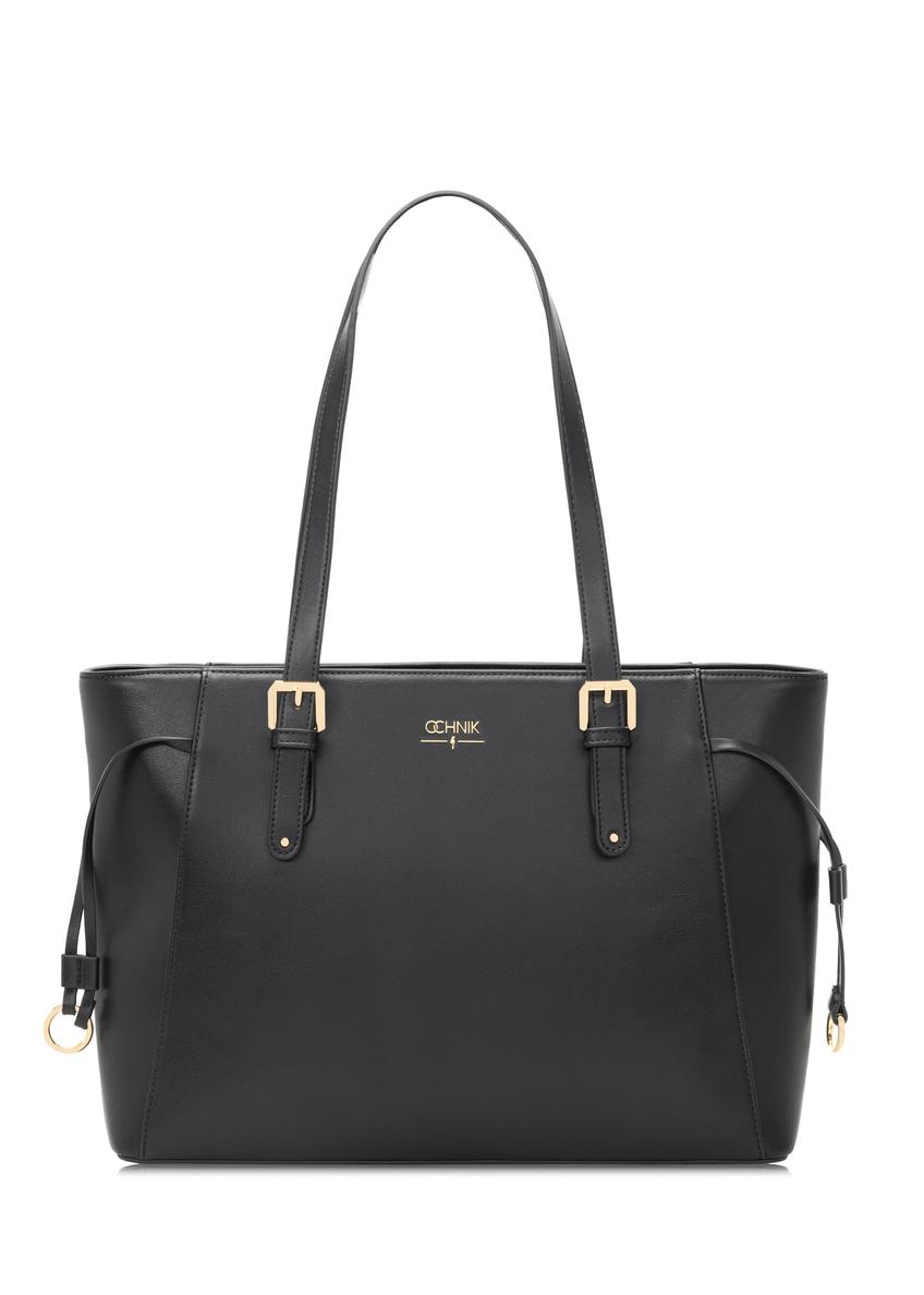 Black shopper bag TOREC-1029-99(W26), front product view on white background.