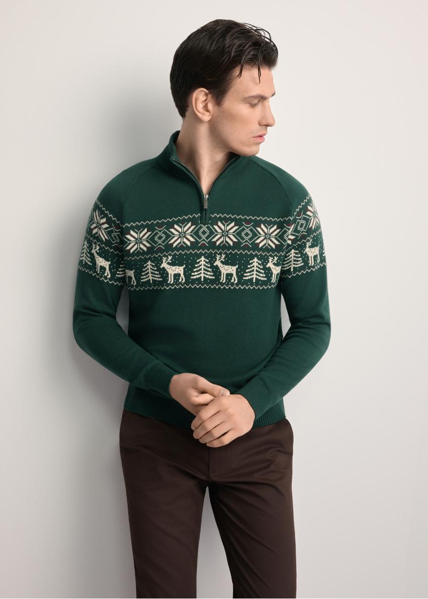 Green men's cotton sweater SWEMT-0178-54(Z25), front view of the product on the model. Half of the silhouette visible.