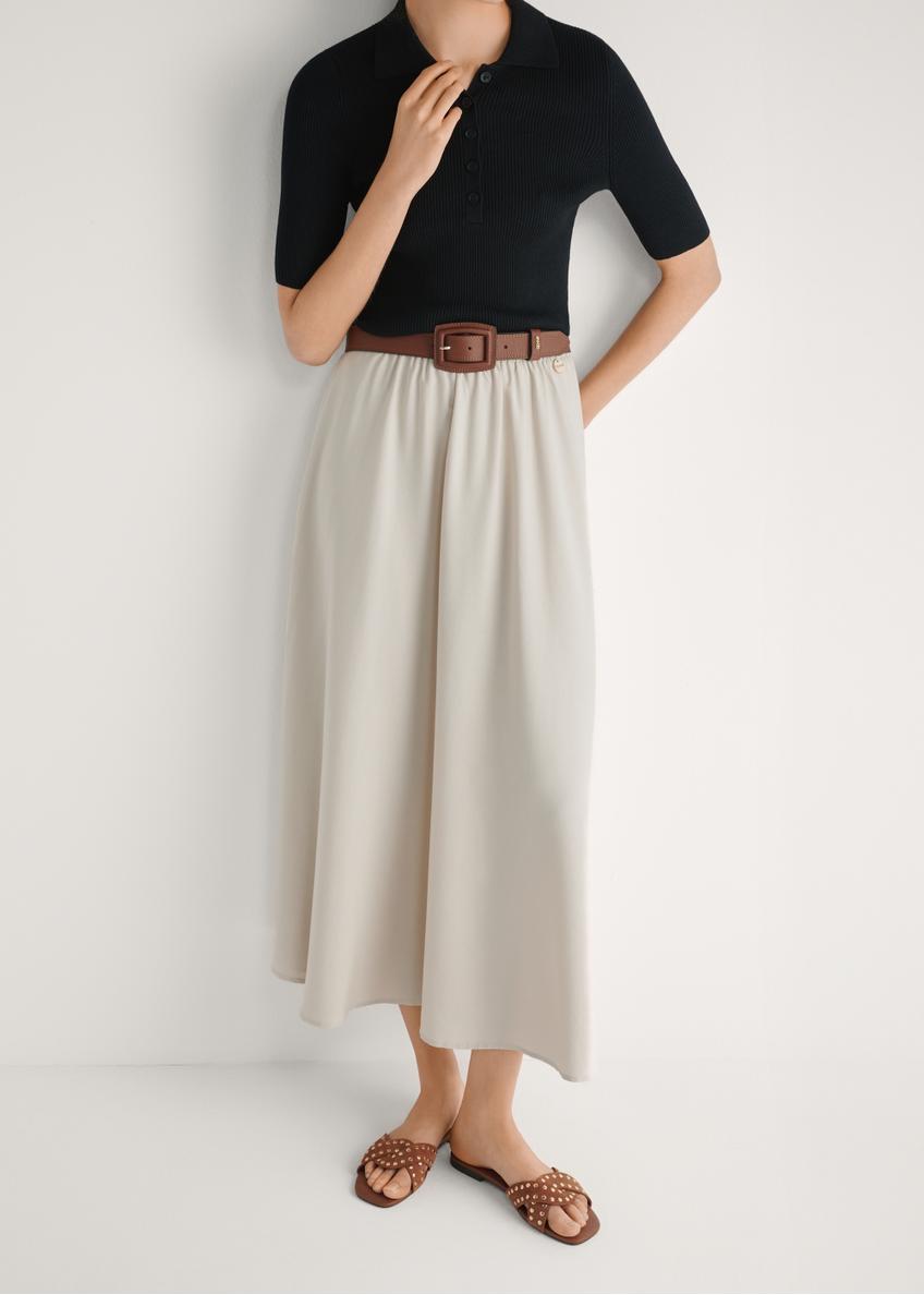 Women's camel leather slides with rhinestones BUTYD-1226-1D(W26), front product view on model's feet, on white background.