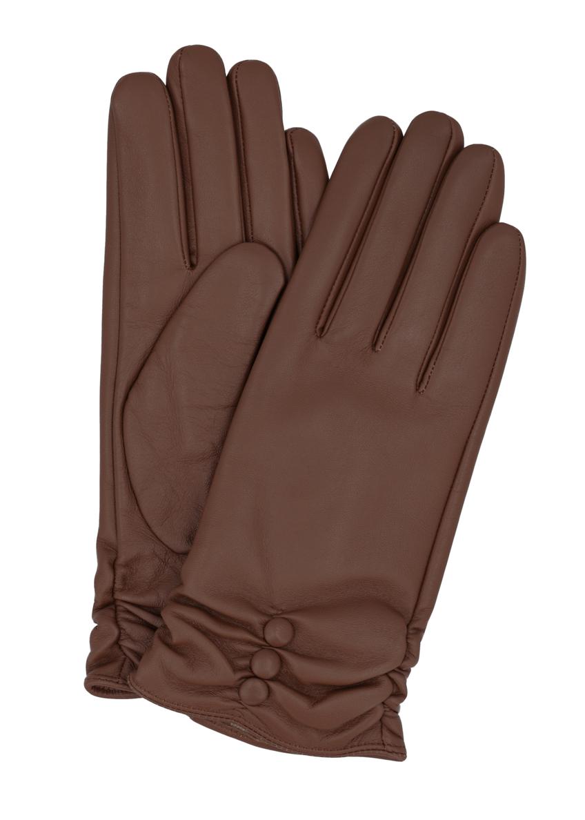 Women's brown leather gloves REKDS-0032-1D(Z26), product view from the front and back on a white background.