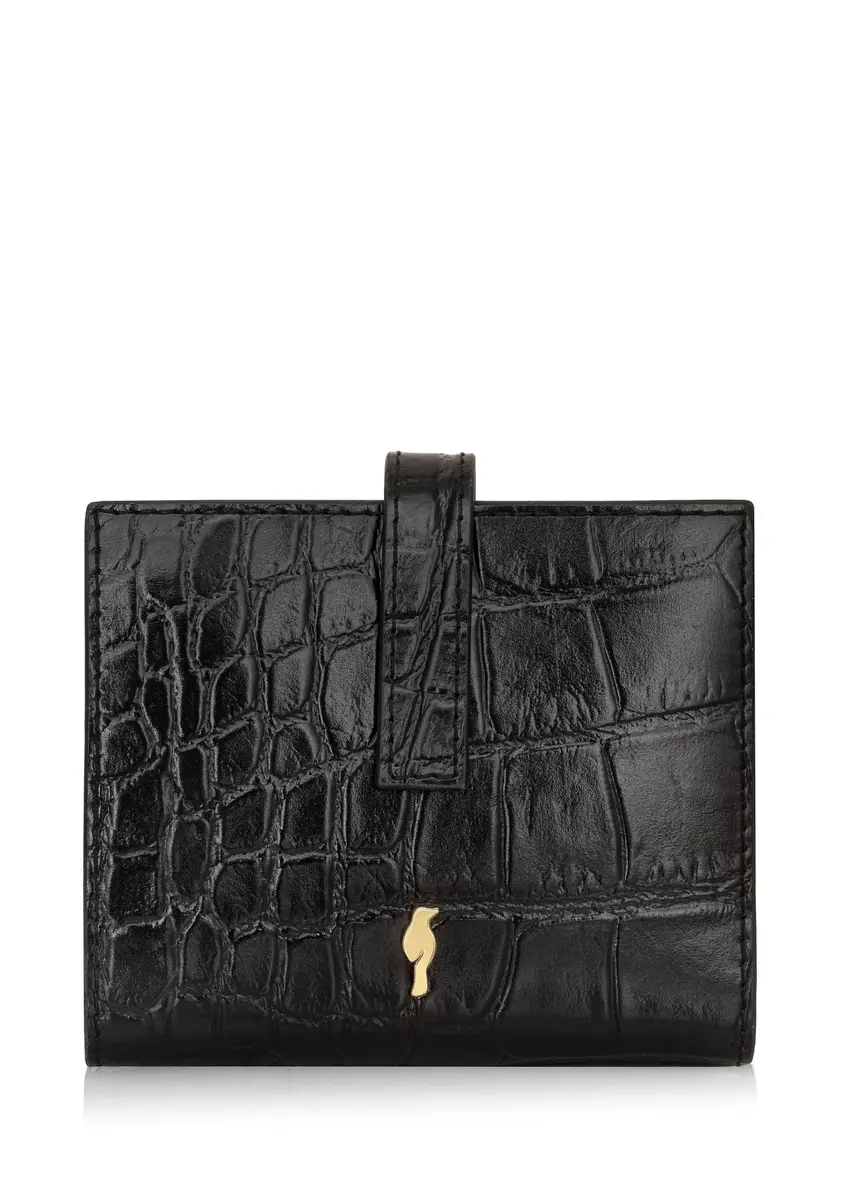 Black leather small wallet with croco motif PORES-0920-99(Z24)