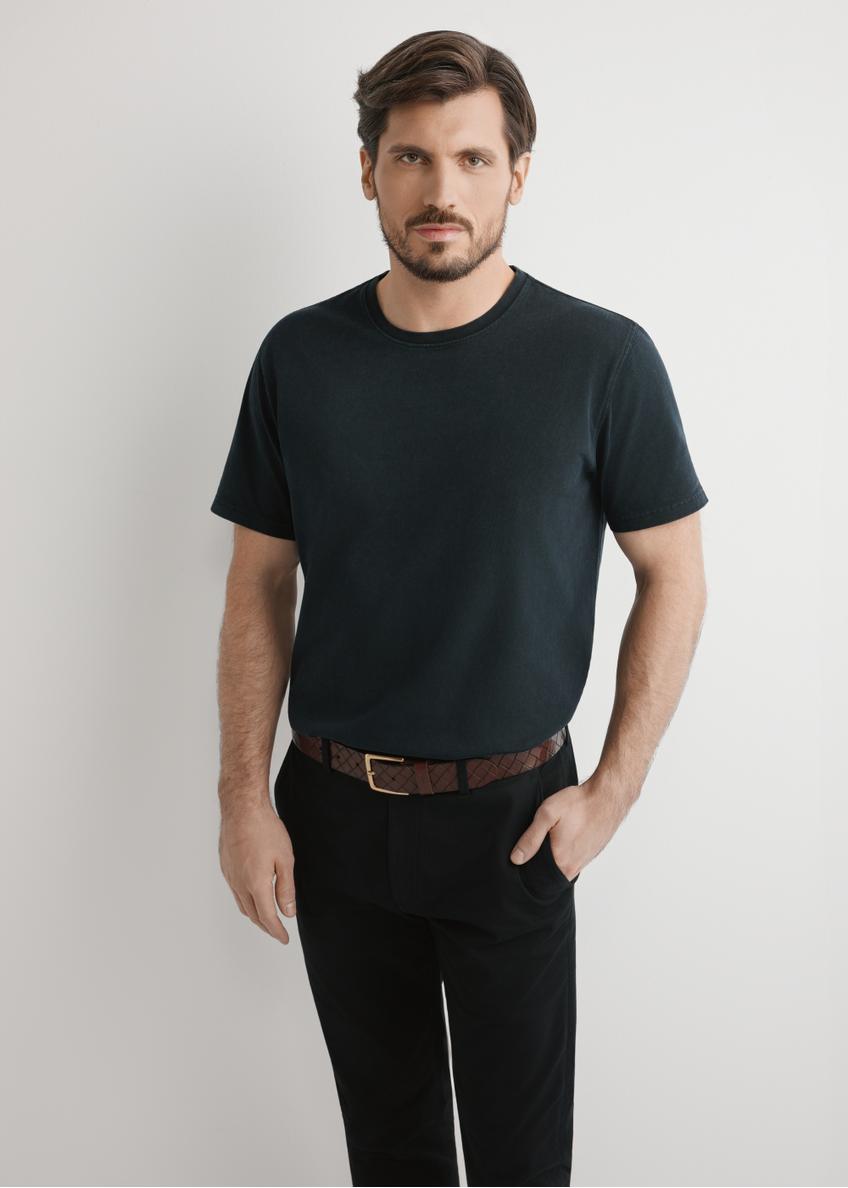 Men's black cotton T-shirt TSHMT-0140-99(W26), front view of the product on the model. Half of the silhouette visible.