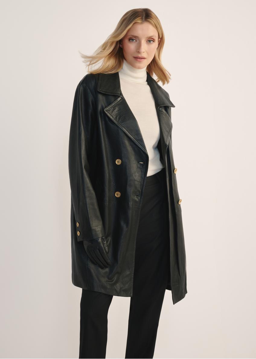 Women's leather jacket in the form of a coat KURDS-0443-1313(Z25)