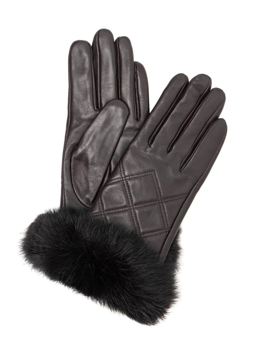 Women's leather gloves with rabbit fur REKDS-0071A-1I(Z26), front view on a white background.