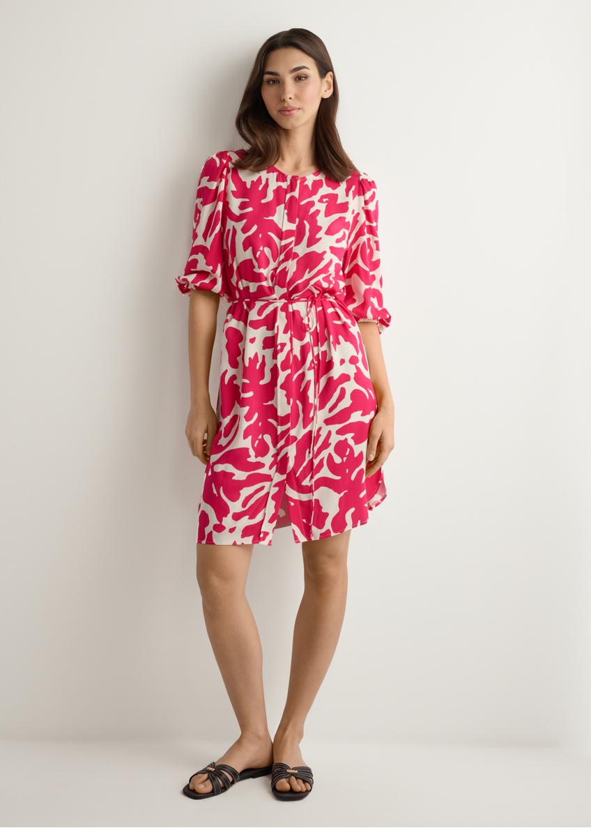 Pink floral viscose dress SUKDT-0271-5P(W26), front view of the product on the model. Full body visible.