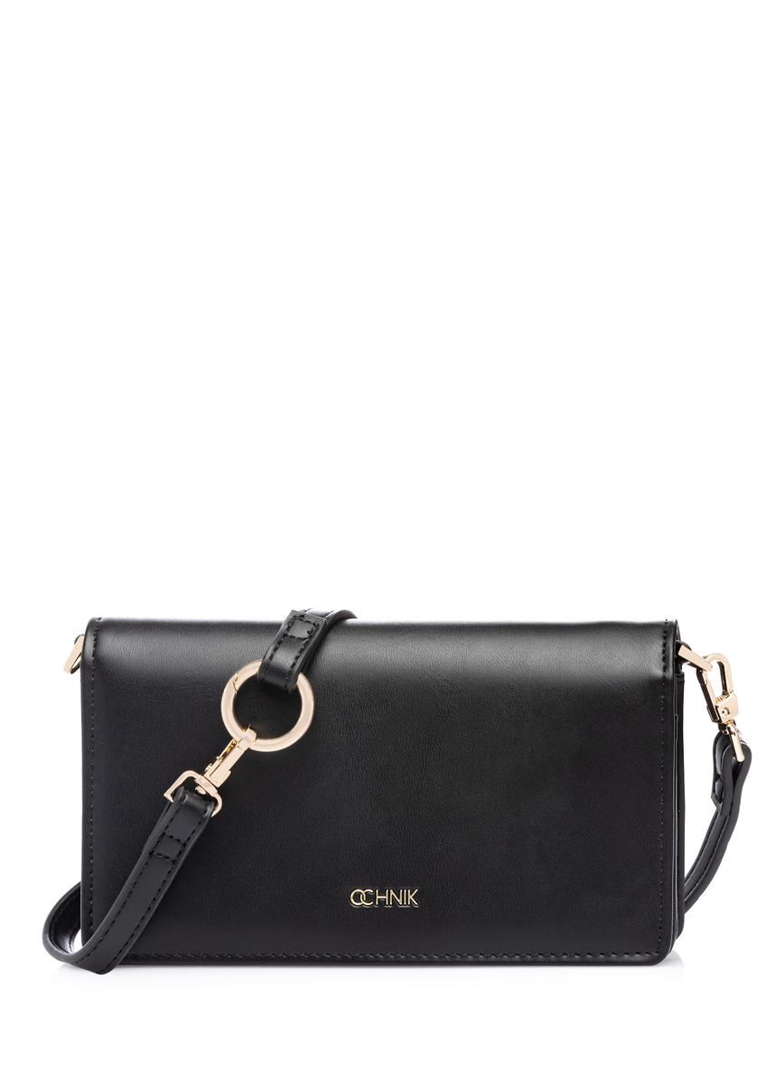 Black women's wallet with strap POREC-0431-99(W26), front product view on white background.