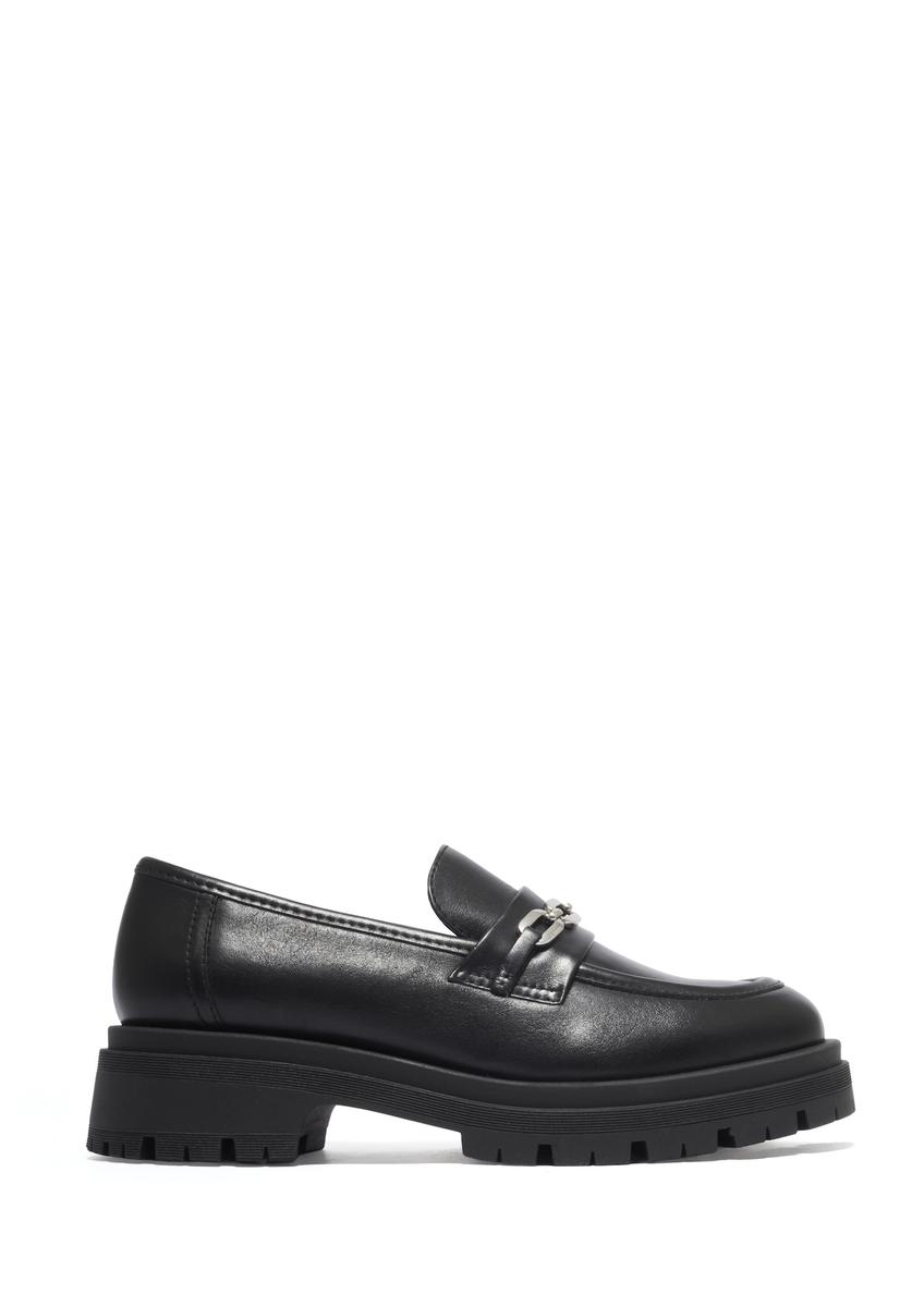 Women's black leather moccasins BUTYD-1190-99(Z26), side product view on white background.