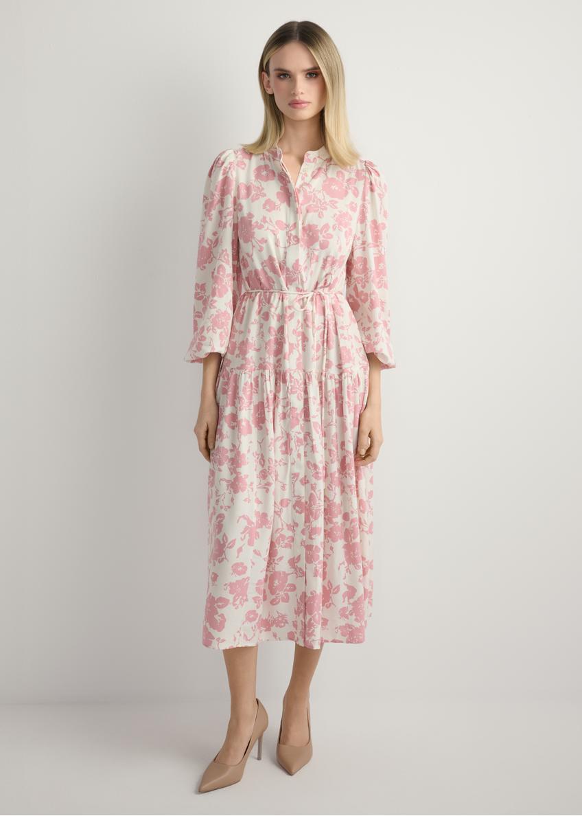 Pink floral midi dress SUKDT-0270-5P(W26), front view of the product on the model. Full silhouette visible.