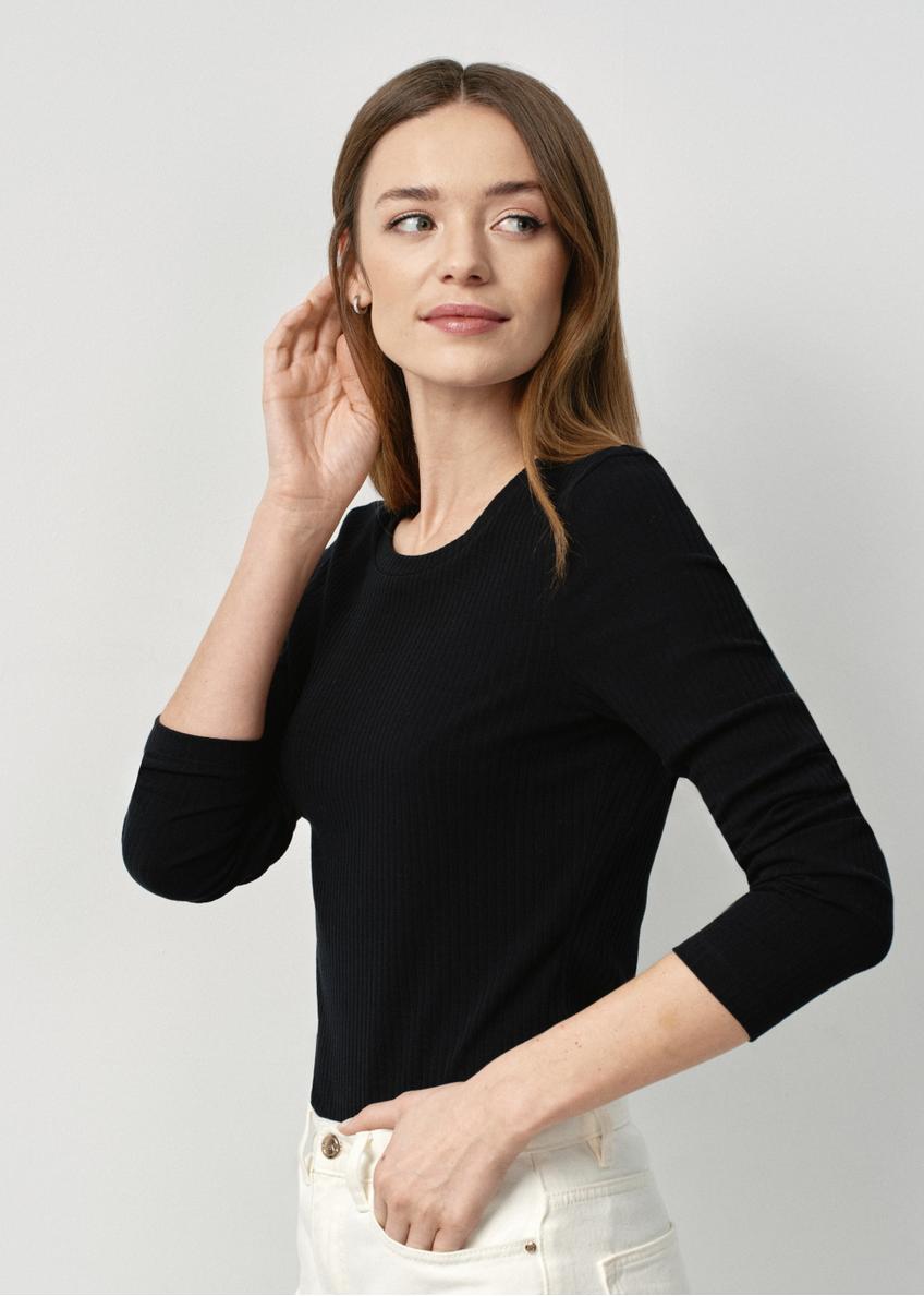 Black ribbed women's longsleeve blouse LSLDT-0043-99(W24)-01