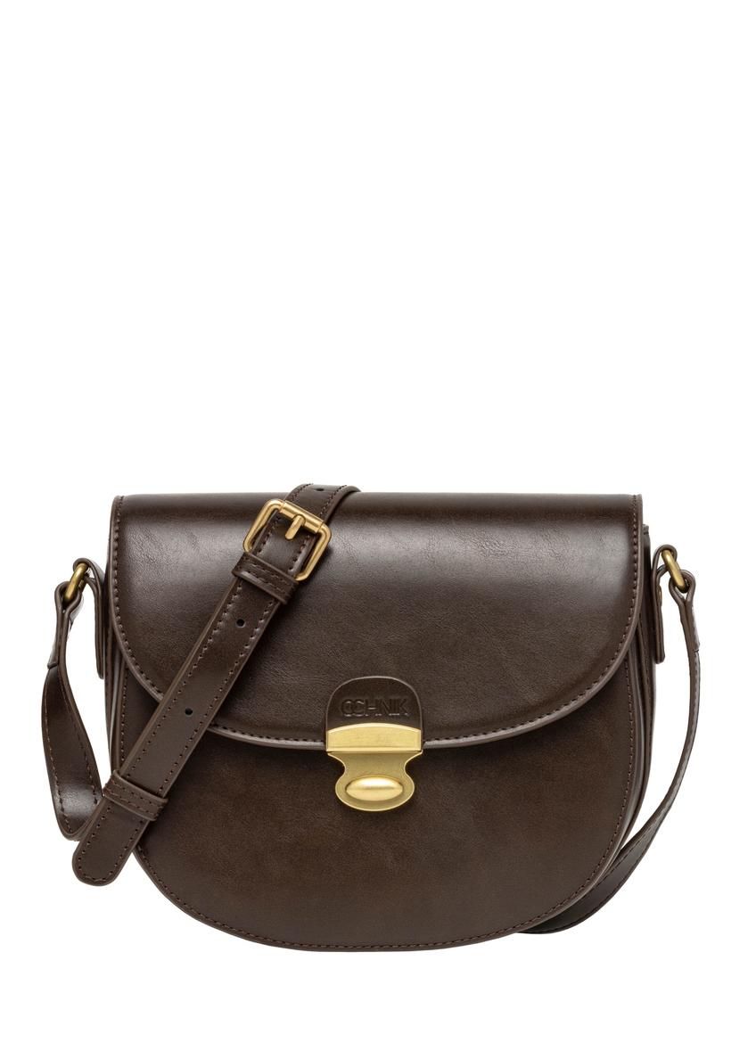 Small semi-circular brown women's messenger bag TOREC-1390-1H(Z26), front product view on white background.