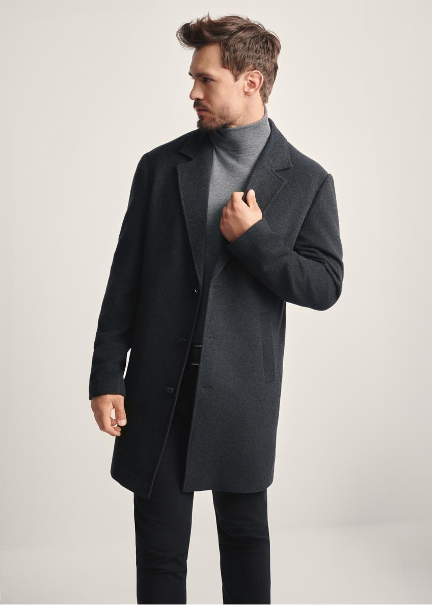 Men's graphite wool coat PLAMT-0006-96(Z25), front view of the product on the model. Half of the silhouette visible.
