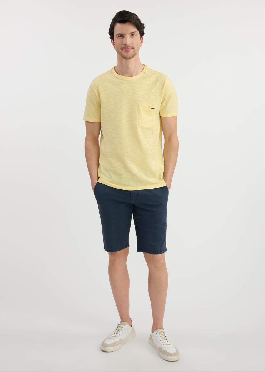 Yellow cotton men's t-shirt TSHMT-0121-21(W25), front view of the product on the model. The entire silhouette is visible.