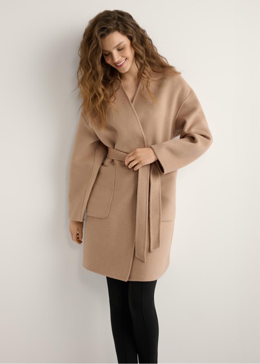 Women's dark beige wool coat PLADT-0075-1C(W26), front view of the product on the model. Half of the silhouette visible.