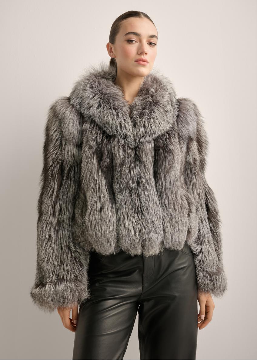 Women's natural gray fur coat FUTDF-0110-9B(Z26), front view of the product on a model. Half of the silhouette visible.