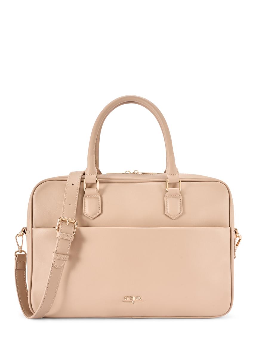 Beige women's laptop bag TOREC-1209-1B(W26), front product view on white background.