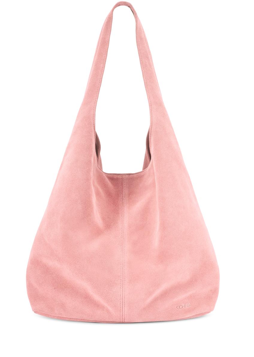 Women's pink suede shopper bag TORES-1177-5B(W26), front product view on white background.