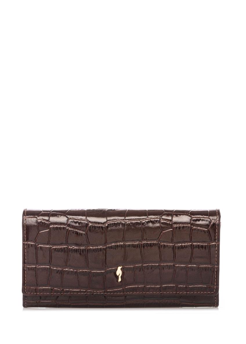 Brown leather women's croco wallet PORES-0889-1H(W26) - front product view, on white background.