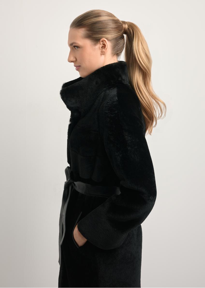 Women's black sheepskin coat with a belt KOZDS-0035-5402(Z25)