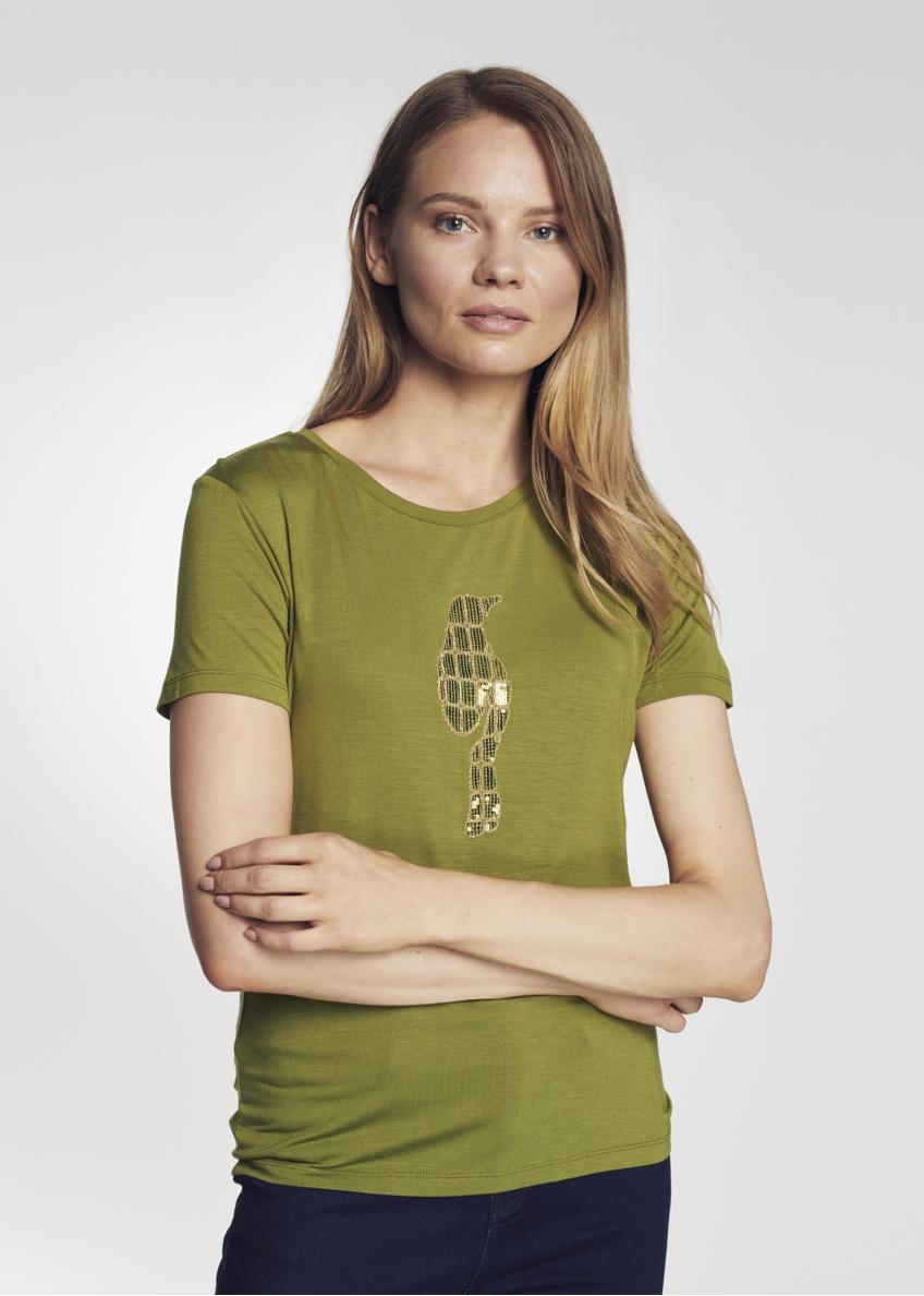 Women's khaki T-shirt with applique TSHDT-0072-55(Z21)-01