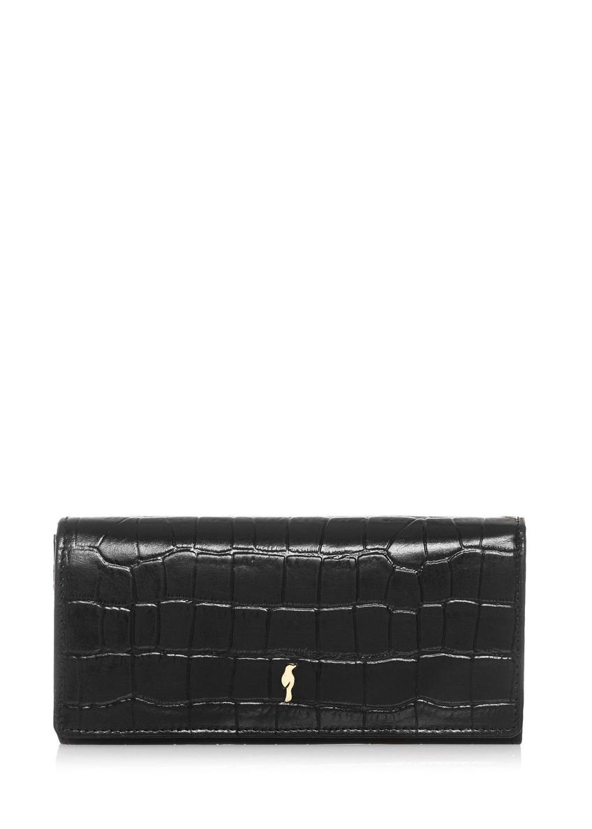 Women's leather black croco wallet PORES-0889-9G(W26), front product view on white background.